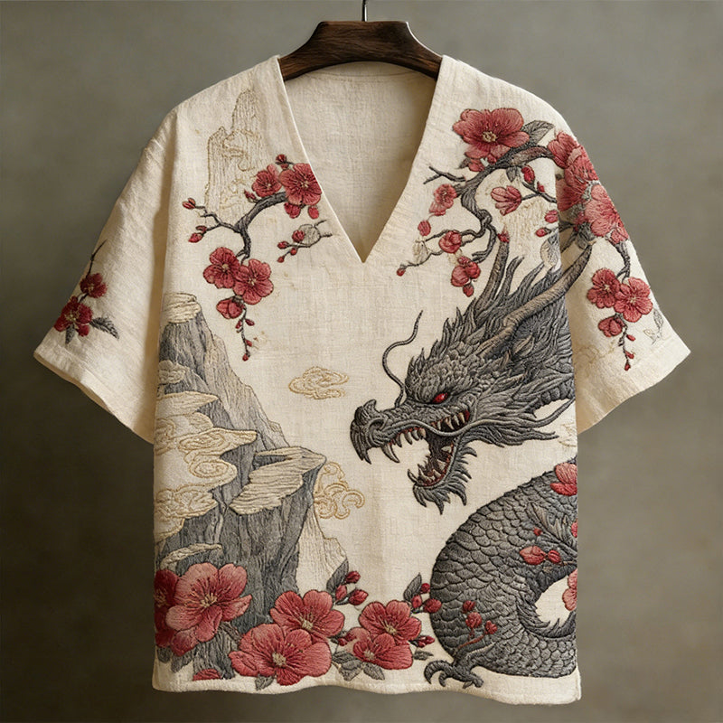 Japanese Dragon & Cherry Blossom Embroidered Linen Top – V-Neck Artisan Shirt