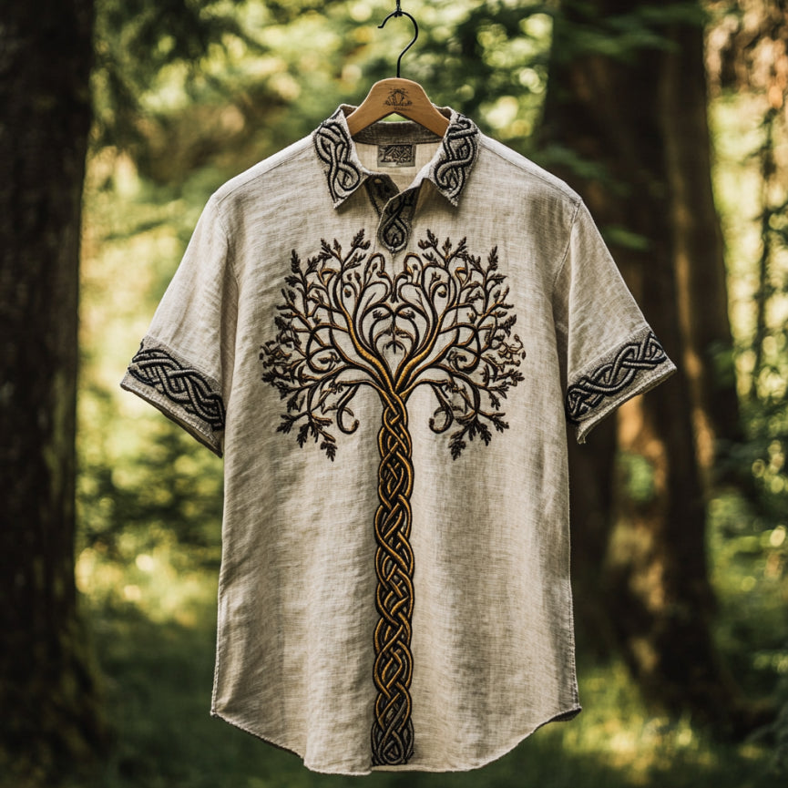 Sacred Tree Embroidered Linen Shirt – Heritage Symbol Short Sleeve Button Up