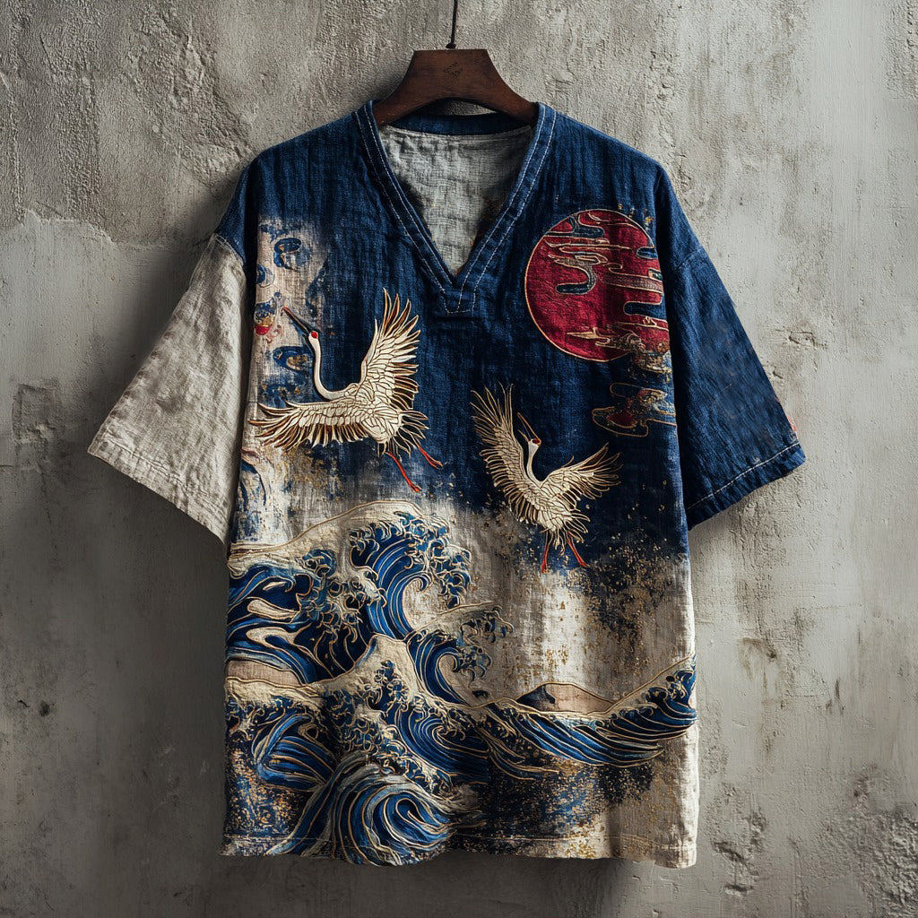 Japanese Crane & Rising Sun Linen Top – Indigo Ocean Wave V-Neck Shirt