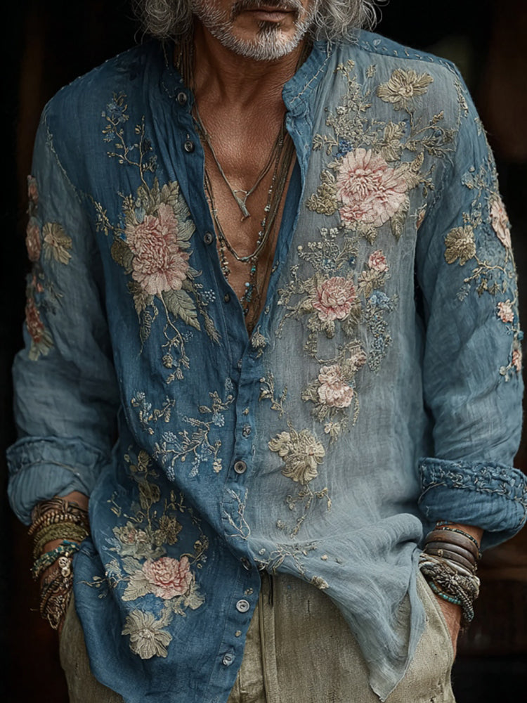 Vintage Floral Embroidered Linen Shirt – Indigo Bohemian Button Up