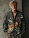Japanese Tiger & Blossom Linen Shirt – Dark Forest Artisan Button Up