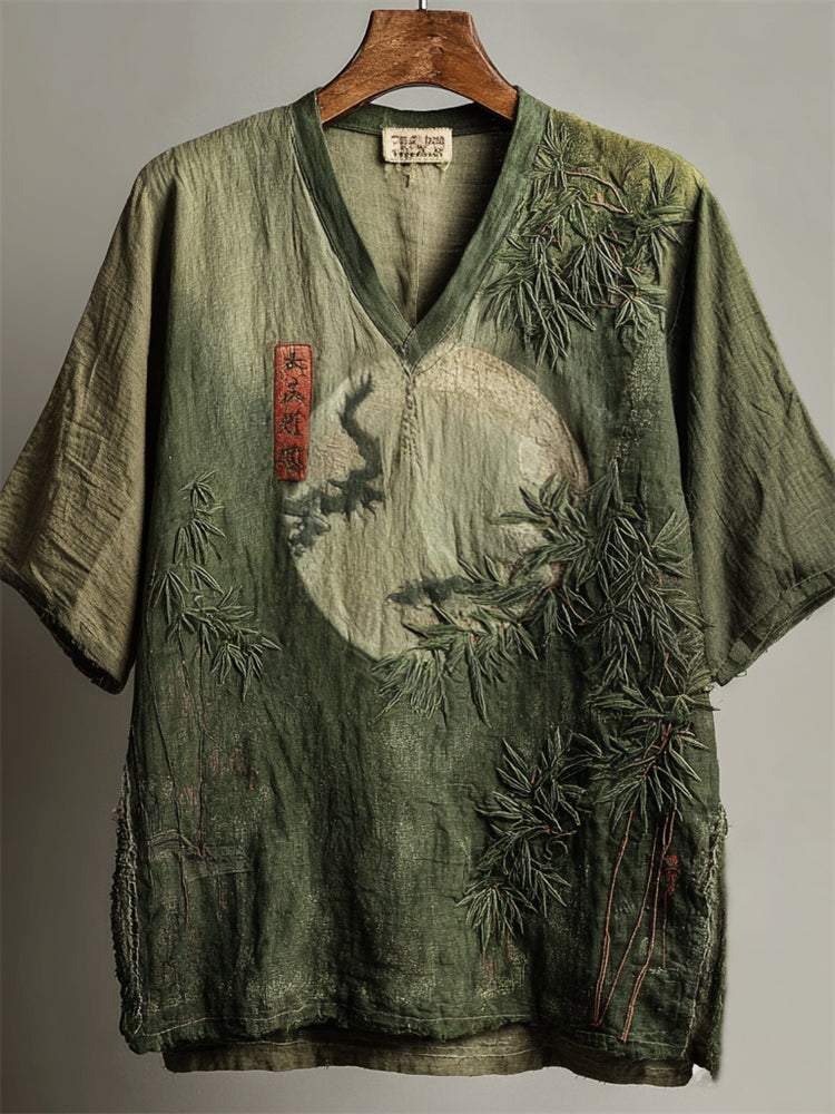 Japanese Moon & Bamboo Embroidered Linen Top – Forest Green V-Neck Zen Shirt