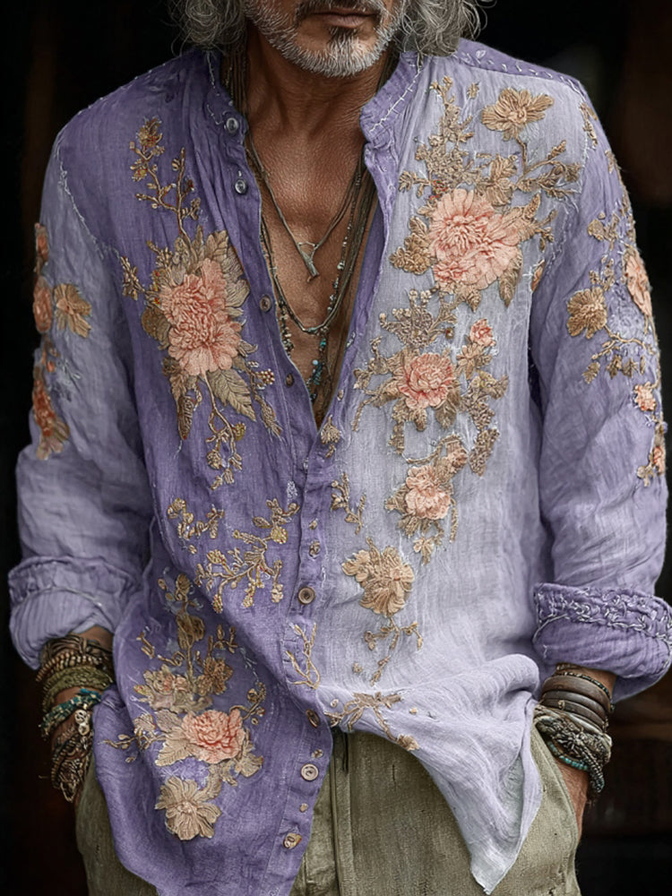 Vintage Floral Embroidered Linen Shirt – Indigo Bohemian Button Up