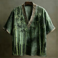 Japanese Bamboo Forest Linen Top – Forest Green V-Neck Kimono Shirt