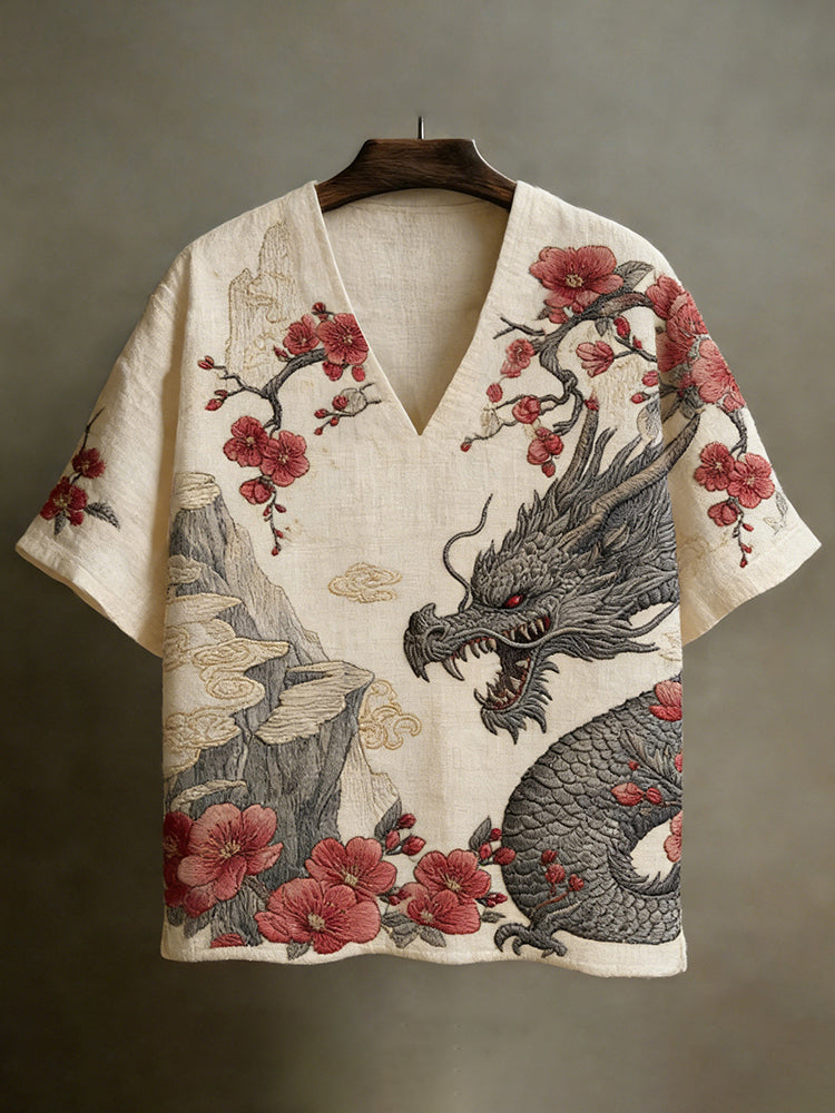 Japanese Dragon & Cherry Blossom Embroidered Linen Top – V-Neck Artisan Shirt