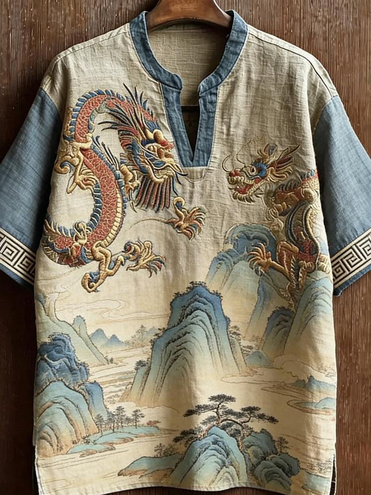 Japanese Twin Dragon Mountain Linen Top – Mythic V-Neck Artisan Shirt