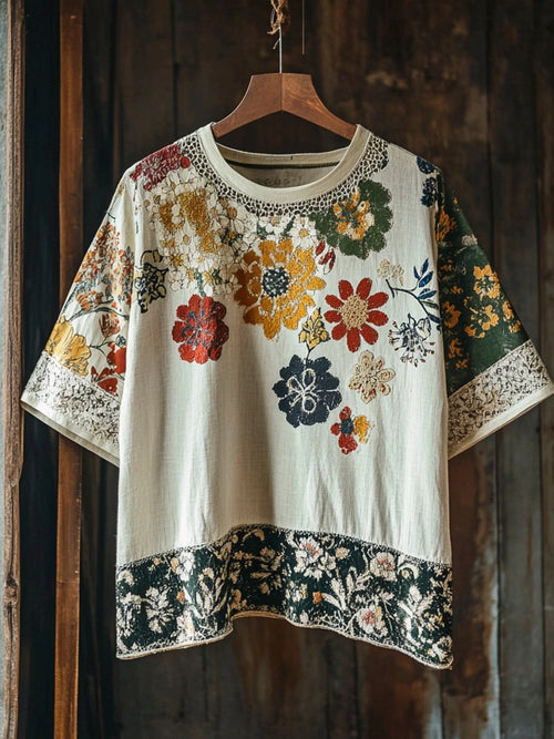 Artisan Floral Patchwork Linen Top – Vintage Botanical Short Sleeve Shirt