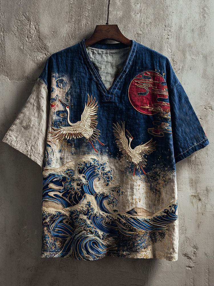 Japanese Crane & Rising Sun Linen Top – Indigo Ocean Wave V-Neck Shirt
