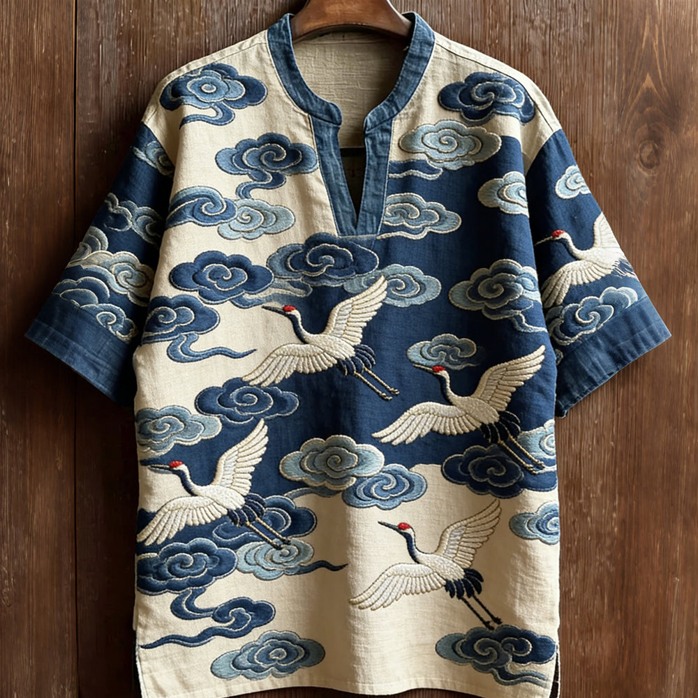 Japanese Crane & Cloud Linen Top – Indigo Sky V-Neck Kimono Shirt