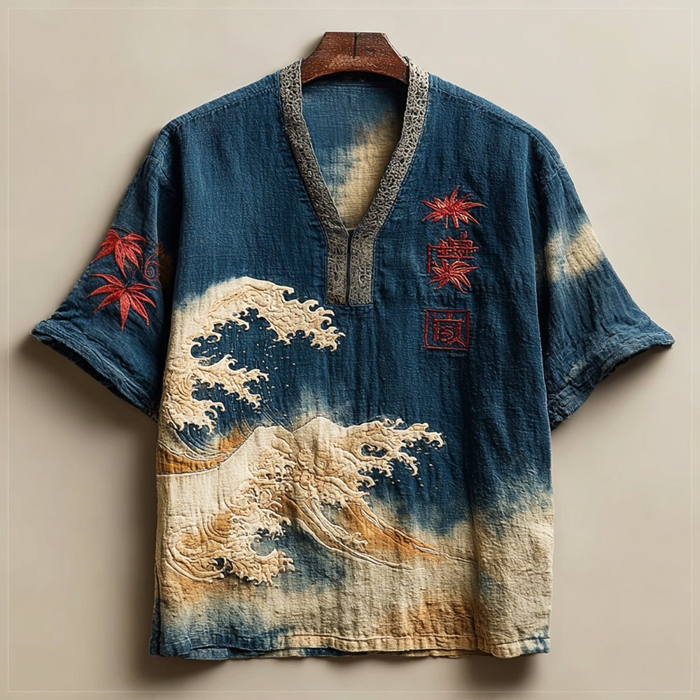 Japanese Ocean Wave Embroidered Linen Top – Indigo V-Neck Artisan Shirt