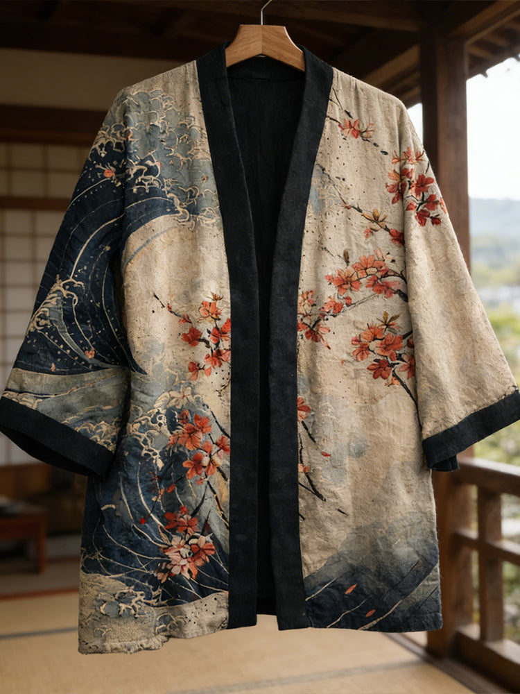 Japanese Sakura Wave Haori Jacket – Floral Ocean Kimono Coat