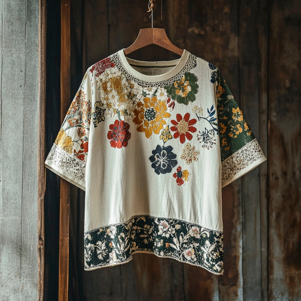 Artisan Floral Patchwork Linen Top – Vintage Botanical Short Sleeve Shirt