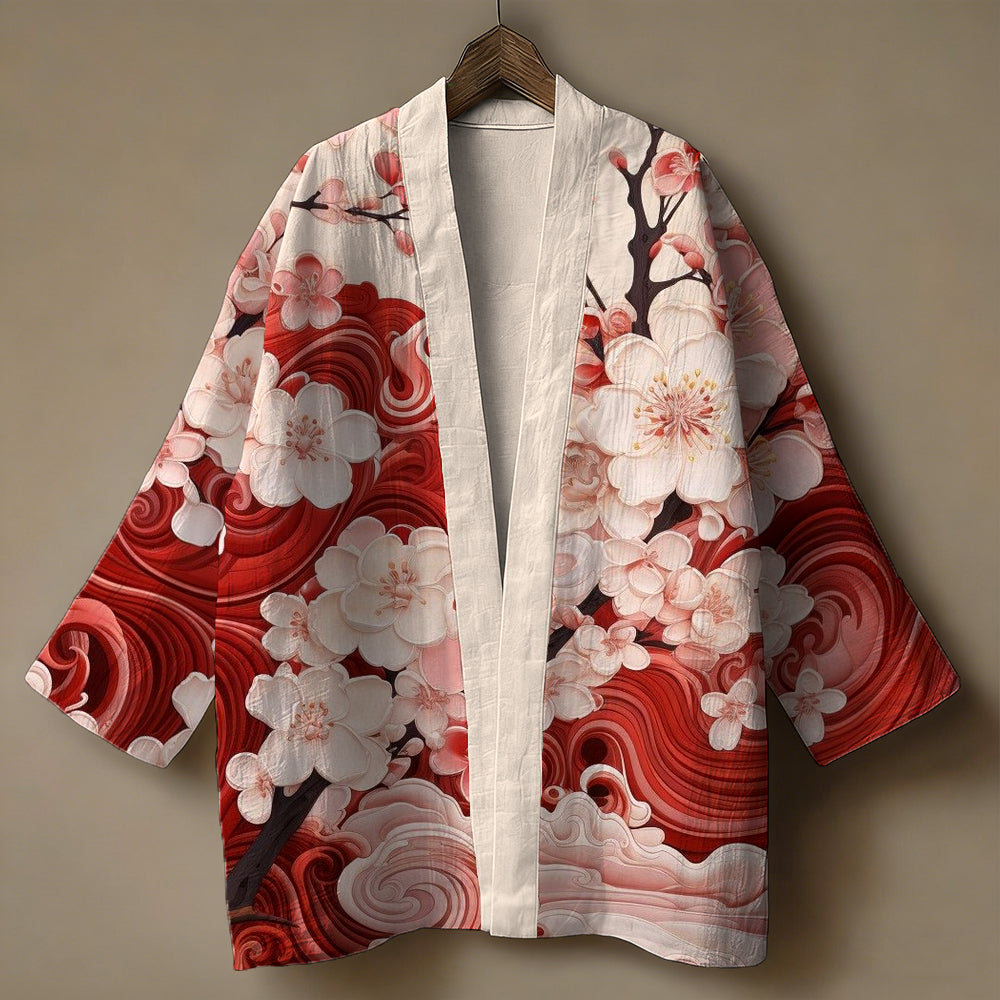 Japanese Sakura Wave Haori Jacket – Red & White Floral Kimono Cardigan