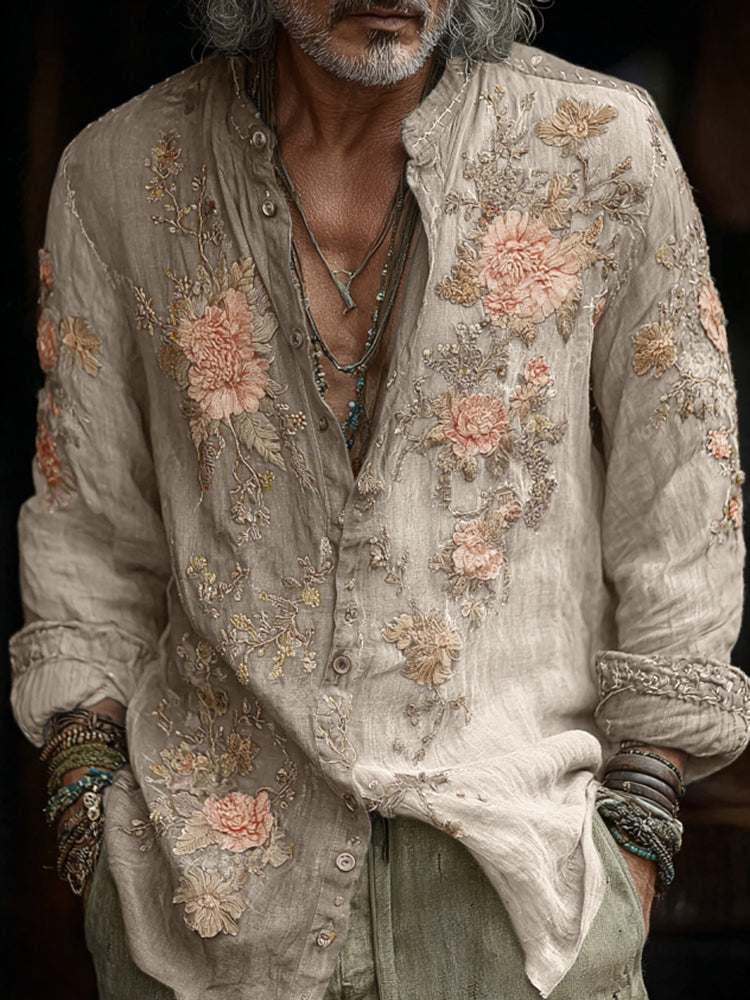 Vintage Floral Embroidered Linen Shirt – Indigo Bohemian Button Up