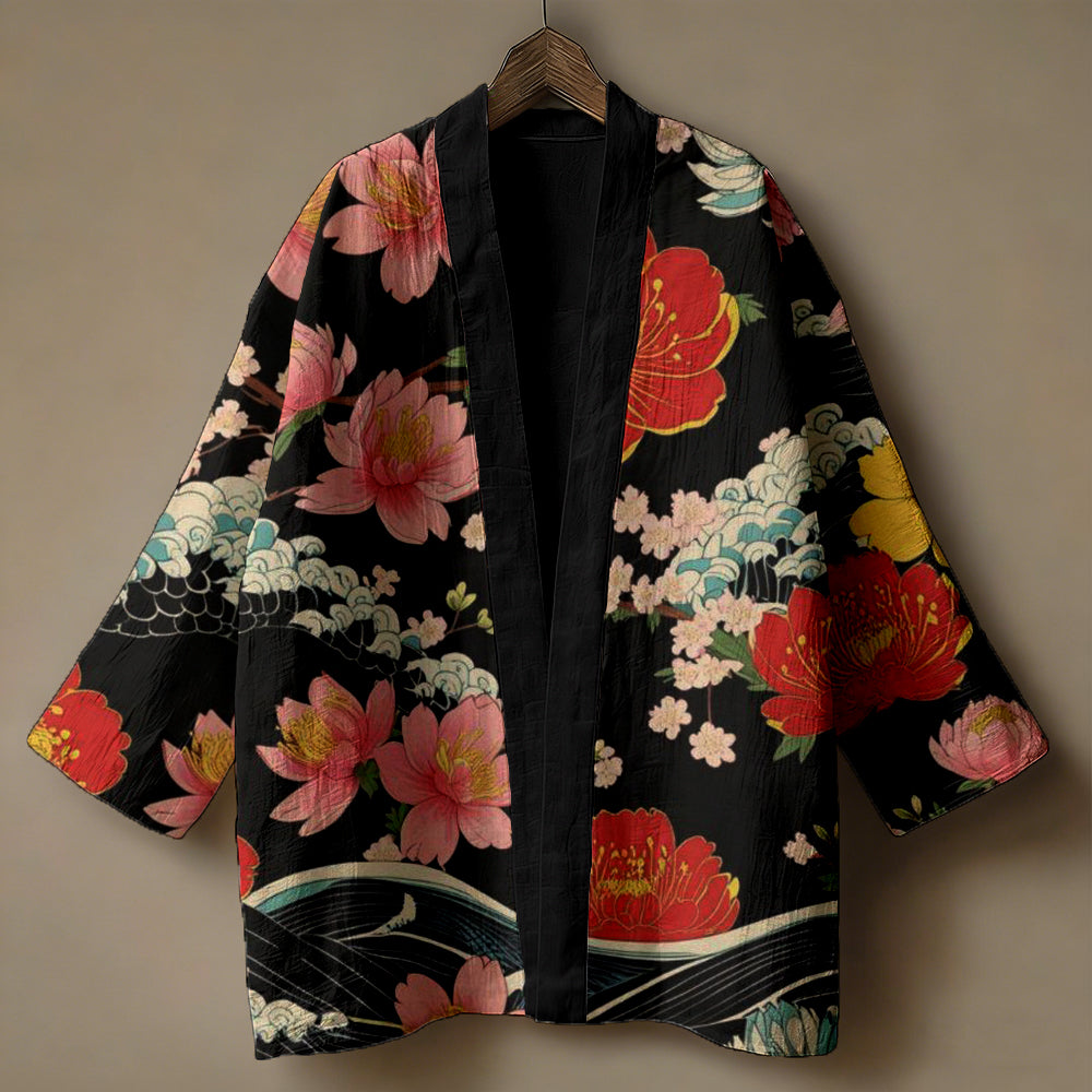Midnight Sakura Haori Jacket – Black Cherry Blossom Kimono Cardigan