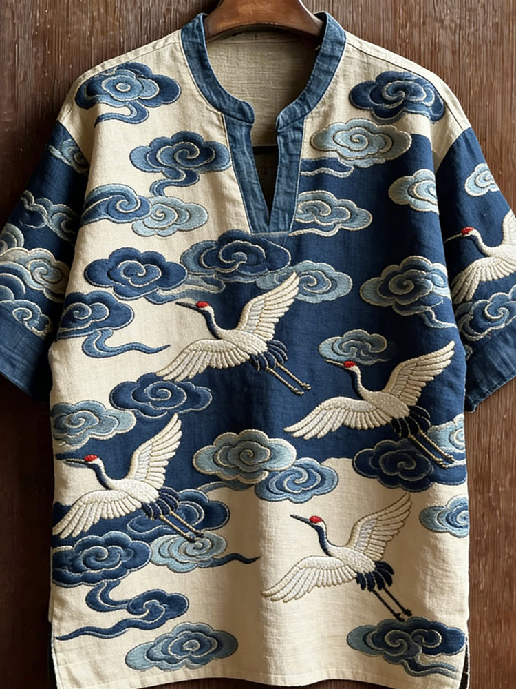 Japanese Crane & Cloud Linen Top – Indigo Sky V-Neck Kimono Shirt