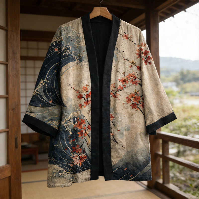 Japanese Sakura Wave Haori Jacket – Floral Ocean Kimono Coat