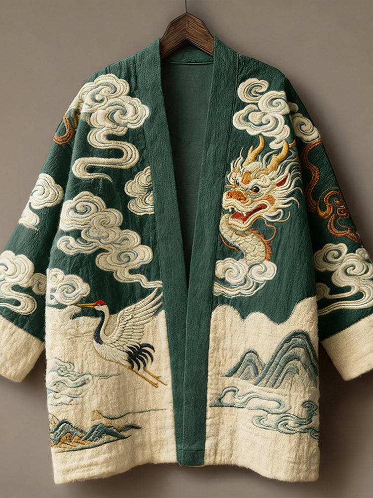 Japanese Dragon & Crane Embroidered Kimono Jacket – Cloud Mountain Haori Coat