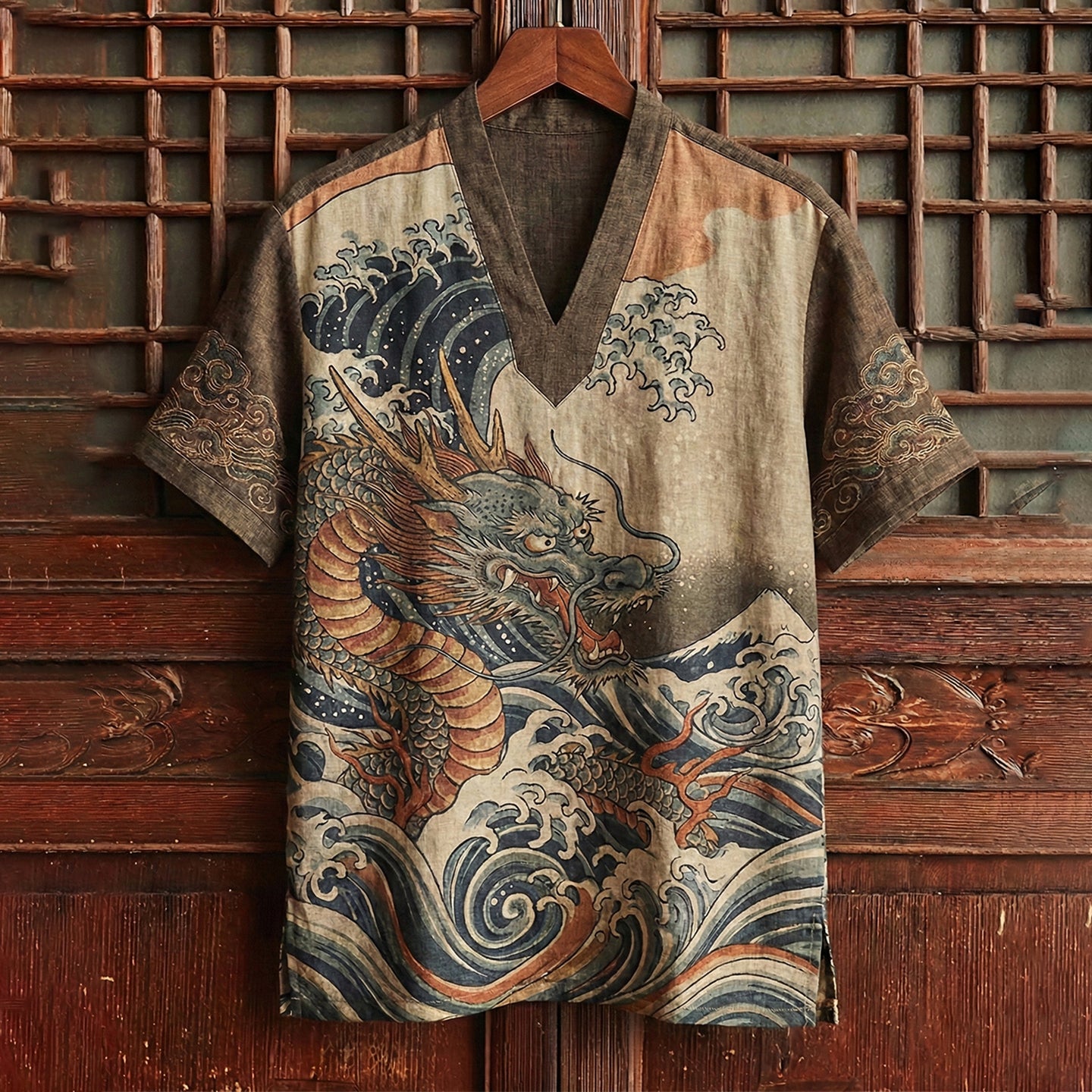 Japanese Dragon Wave Linen Top – Mythic Ocean V-Neck Kimono Shirt