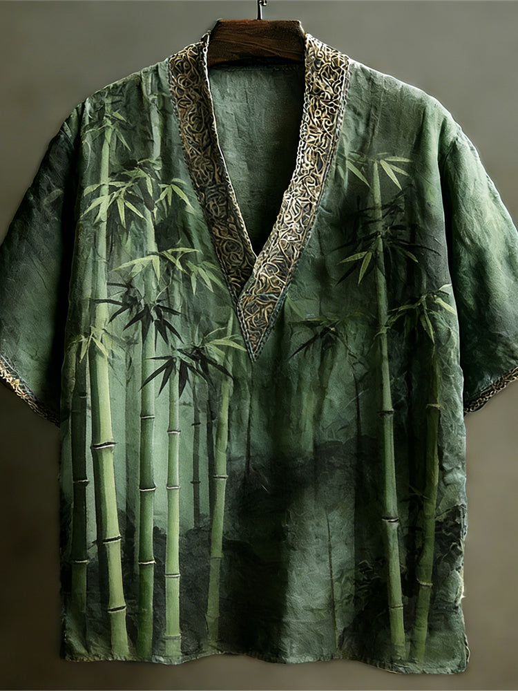 Japanese Bamboo Forest Linen Top – Forest Green V-Neck Kimono Shirt
