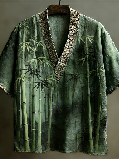 Japanese Bamboo Forest Linen Top – Forest Green V-Neck Kimono Shirt