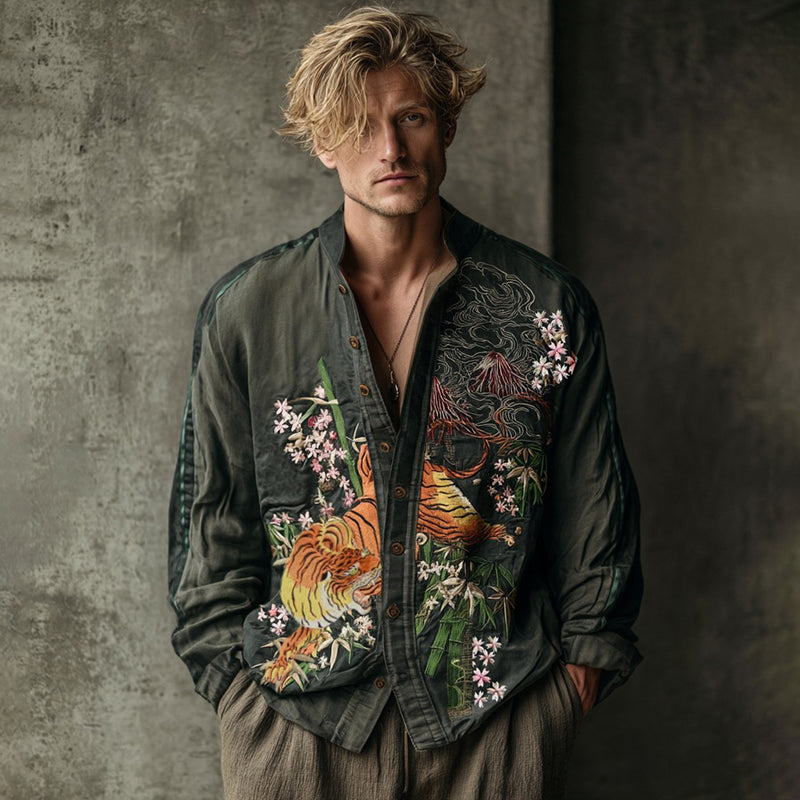 Japanese Tiger & Blossom Linen Shirt – Dark Forest Artisan Button Up
