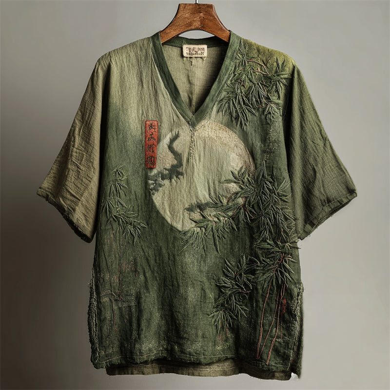 Japanese Moon & Bamboo Embroidered Linen Top – Forest Green V-Neck Zen Shirt