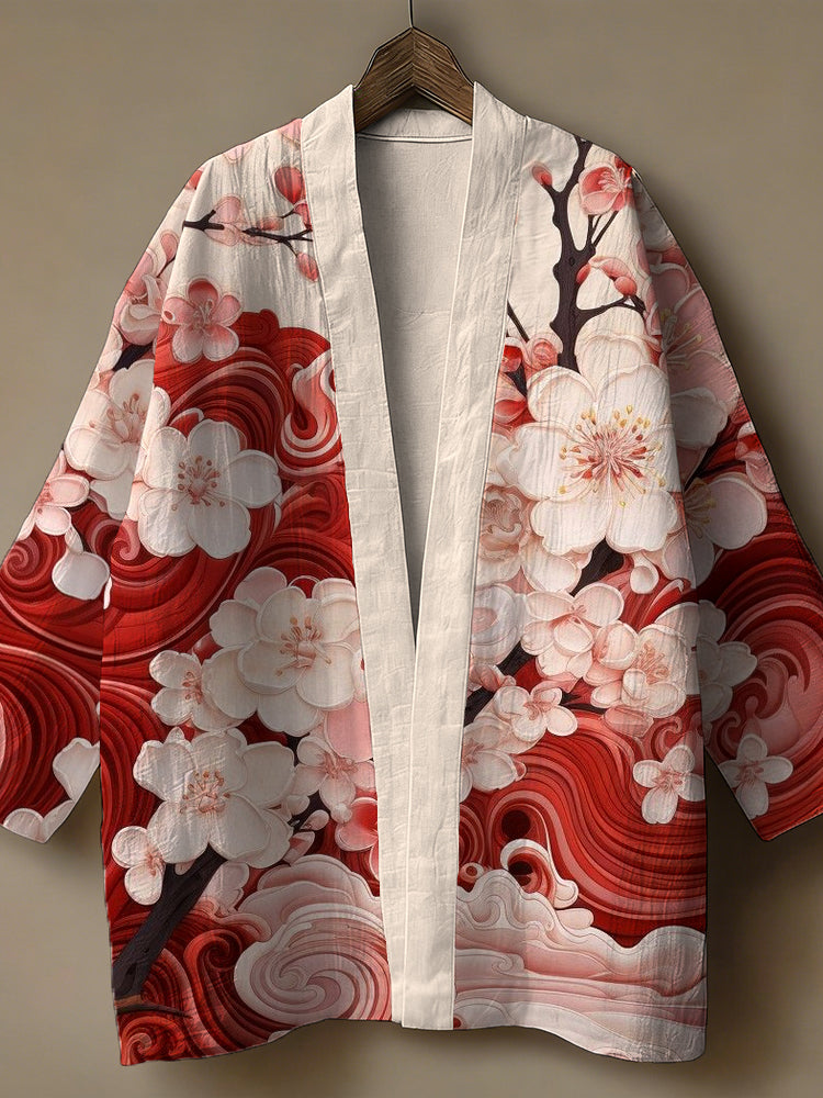 Japanese Sakura Wave Haori Jacket – Red & White Floral Kimono Cardigan