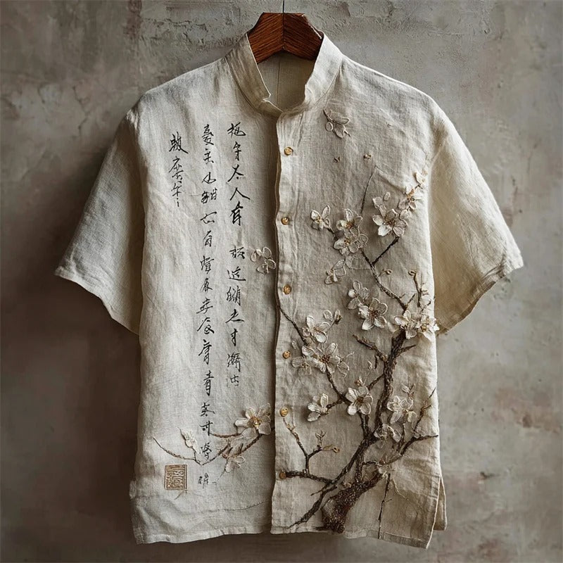 Japanese Calligraphy Embroidered Linen Shirt – Plum Blossom Mandarin Collar Top