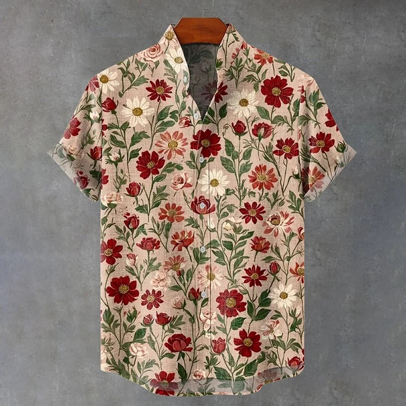 Vintage Floral Linen Shirt – Botanical Print Short Sleeve Button Up
