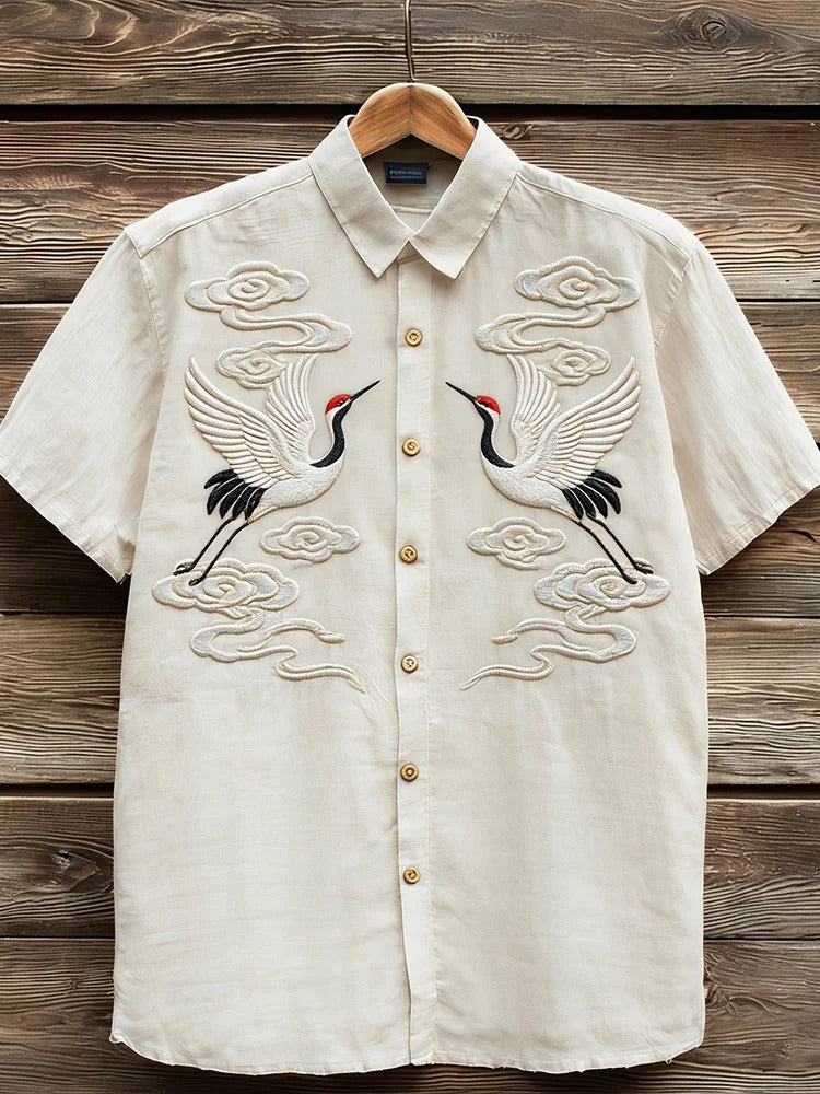 Japanese Crane Embroidered Shirt – Minimalist Cloud Button Up Short Sleeve