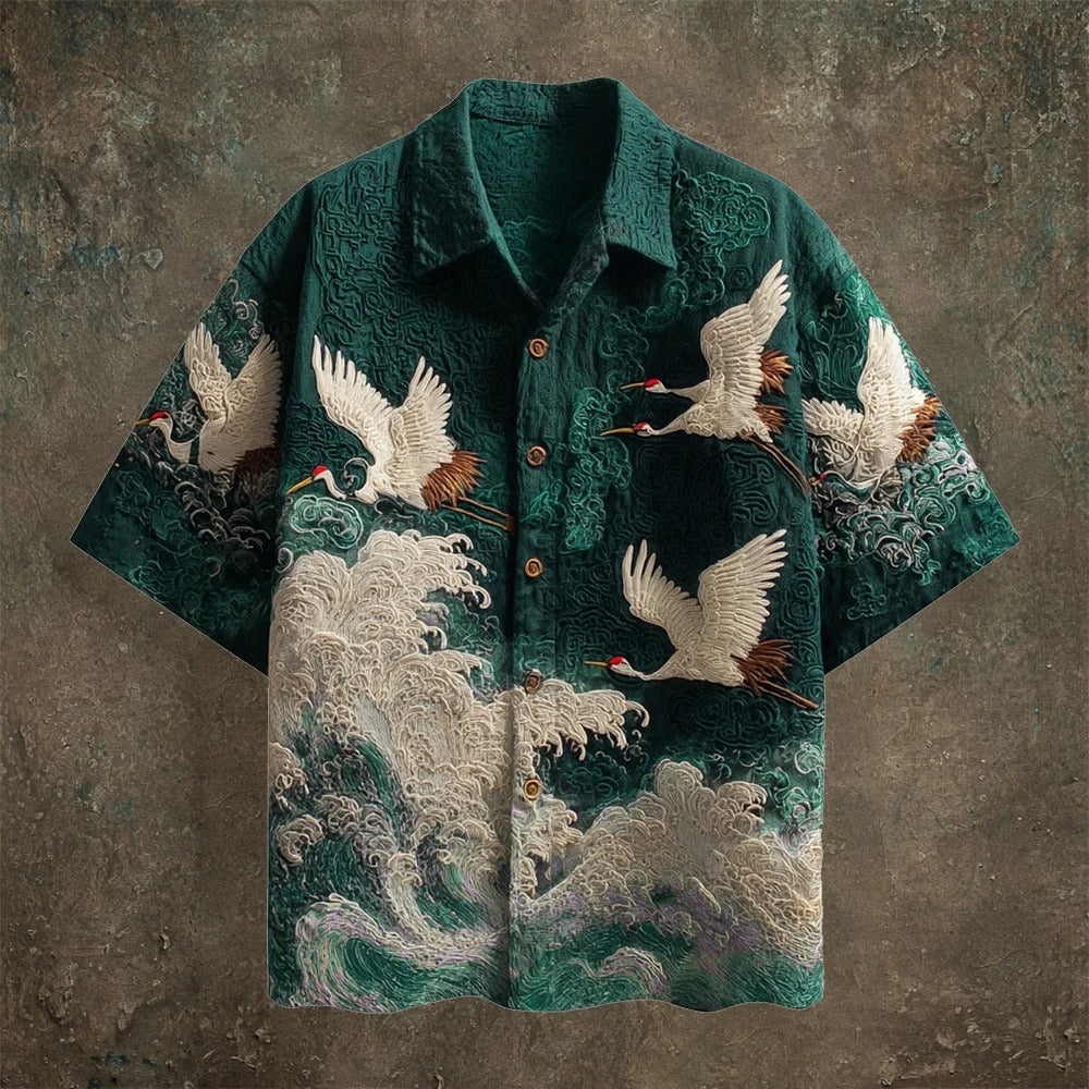 Japanese Crane Embroidered Shirt – Purple Night Sky Wave Button Up