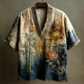 Japanese Bamboo & Chrysanthemum Embroidered Linen Kimono Top – V-Neck Artisan Shirt