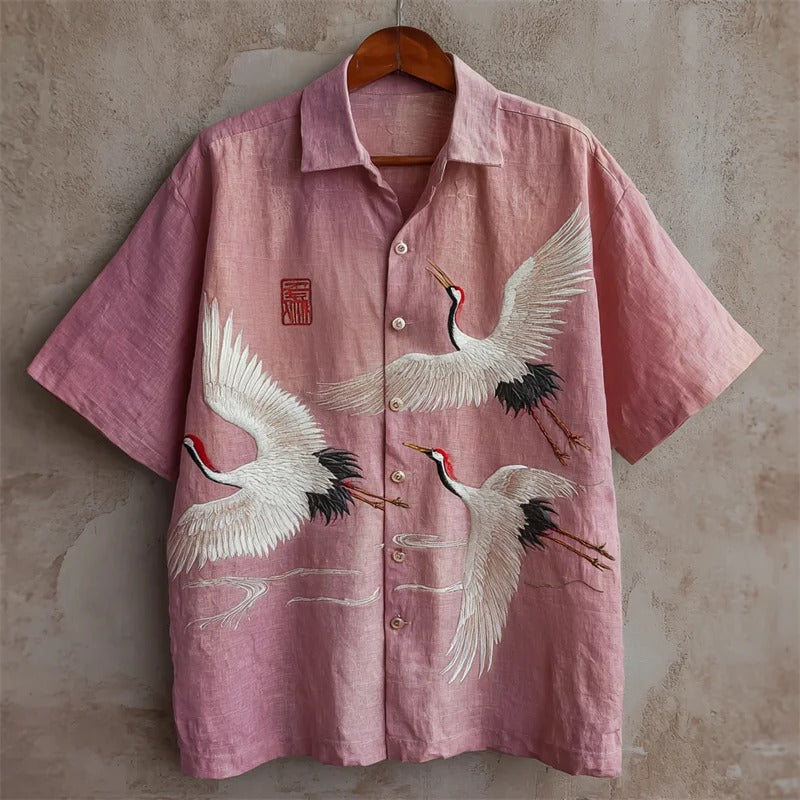 Japanese Crane Embroidered Linen Shirt – Pink Short Sleeve Button Up