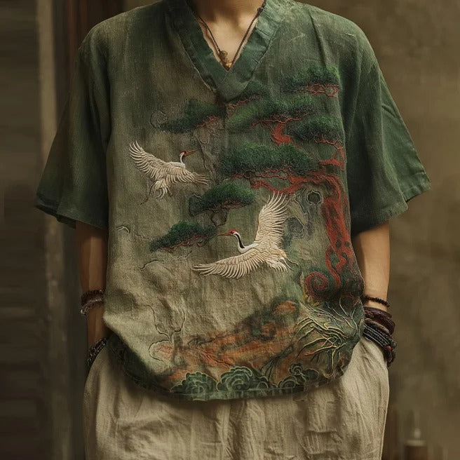 Japanese Crane Embroidered Linen Top – Pine Tree V-Neck Zen Shirt