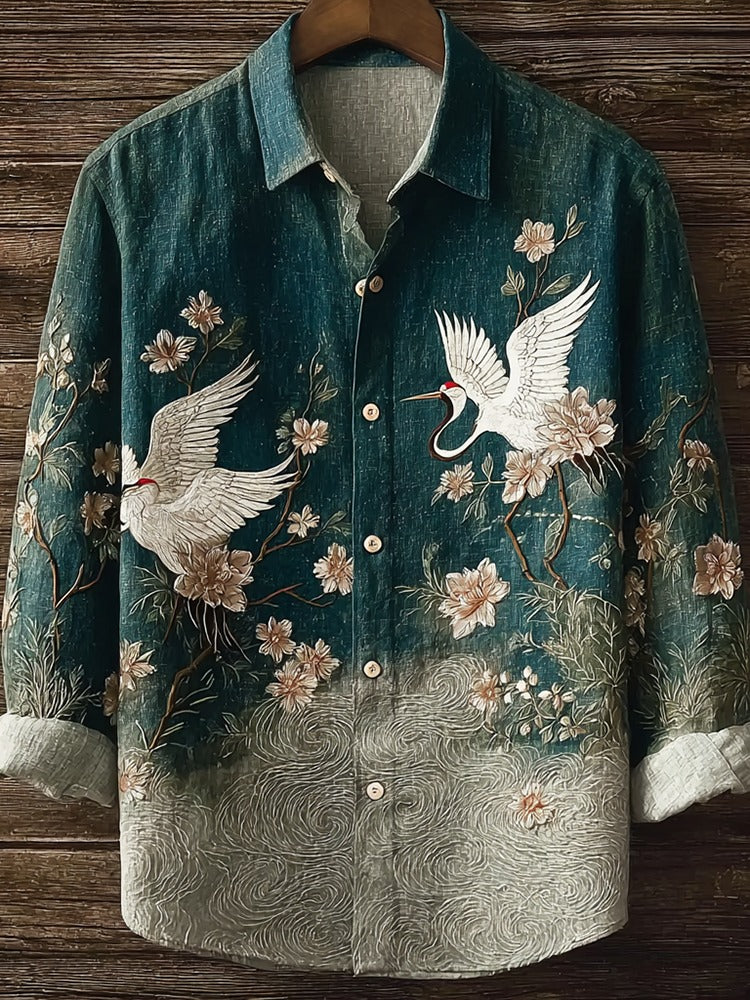 Japanese Crane Embroidered Shirt – Vintage Floral Wave Button Up Long Sleeve  Product Description