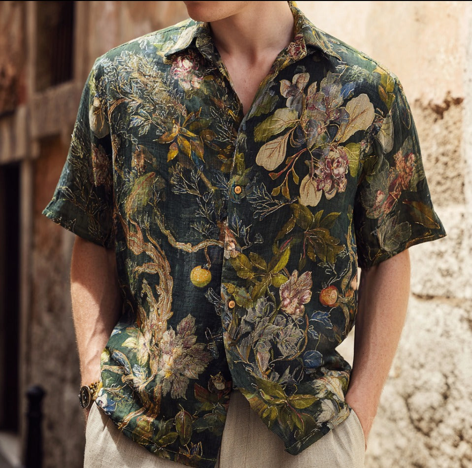 Vintage Botanical Linen Shirt – Artistic Floral Print Short Sleeve Button Up