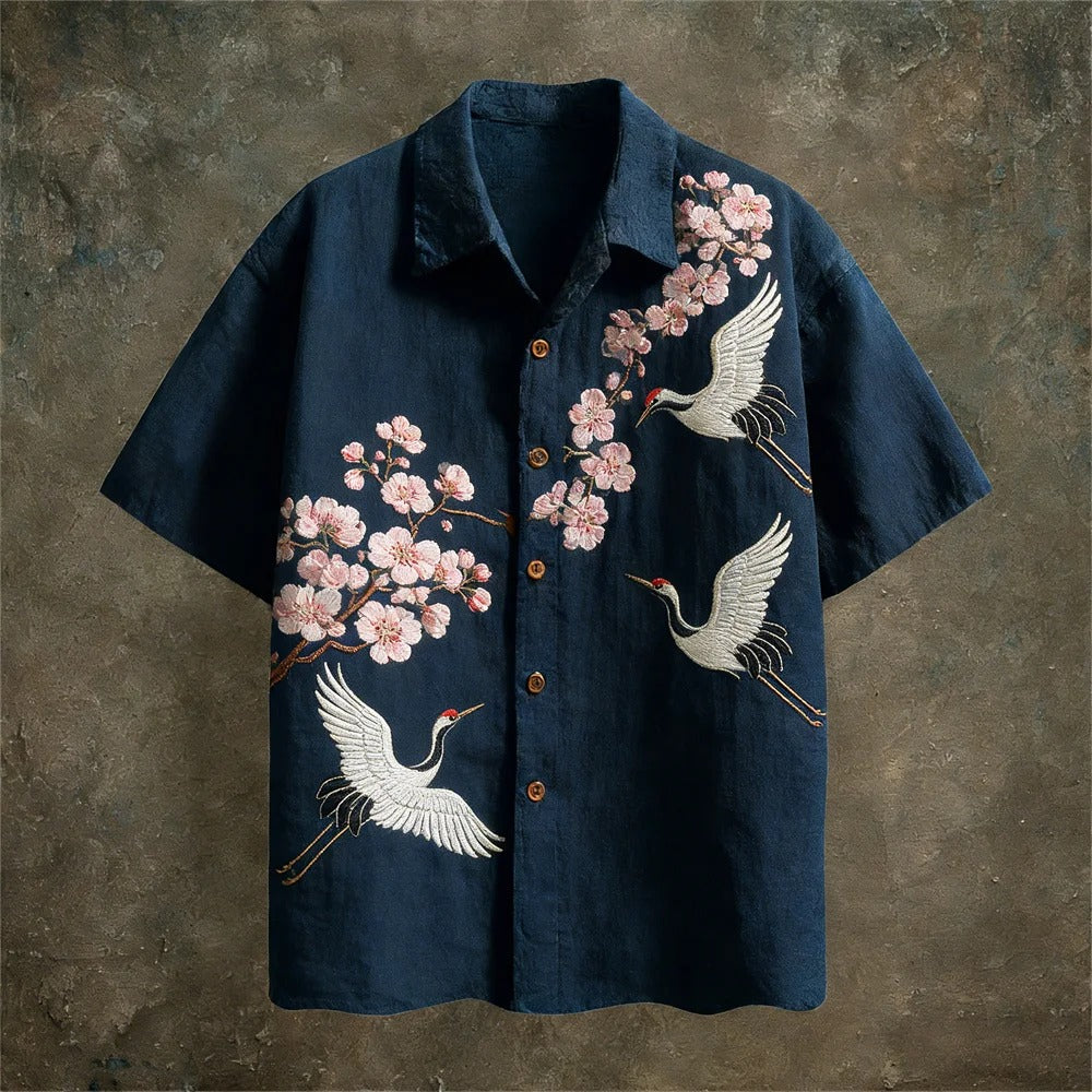Japanese Crane & Cherry Blossom Embroidered Shirt – Navy Short Sleeve Button Up