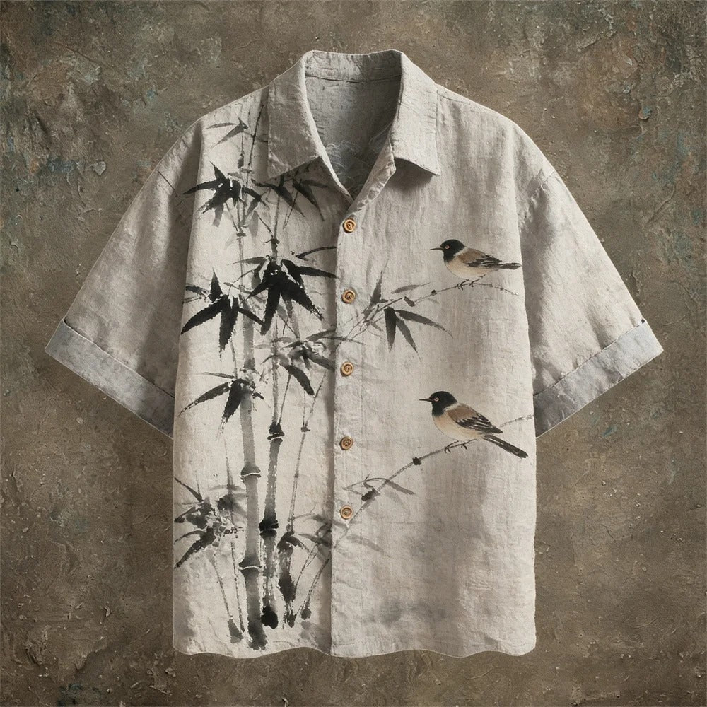 Japanese Bamboo & Bird Linen Shirt – Ink Wash Short Sleeve Button Up