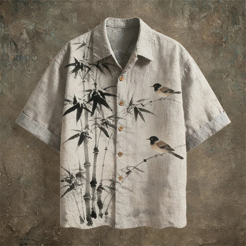 Japanese Bamboo & Bird Linen Shirt – Ink Wash Short Sleeve Button Up