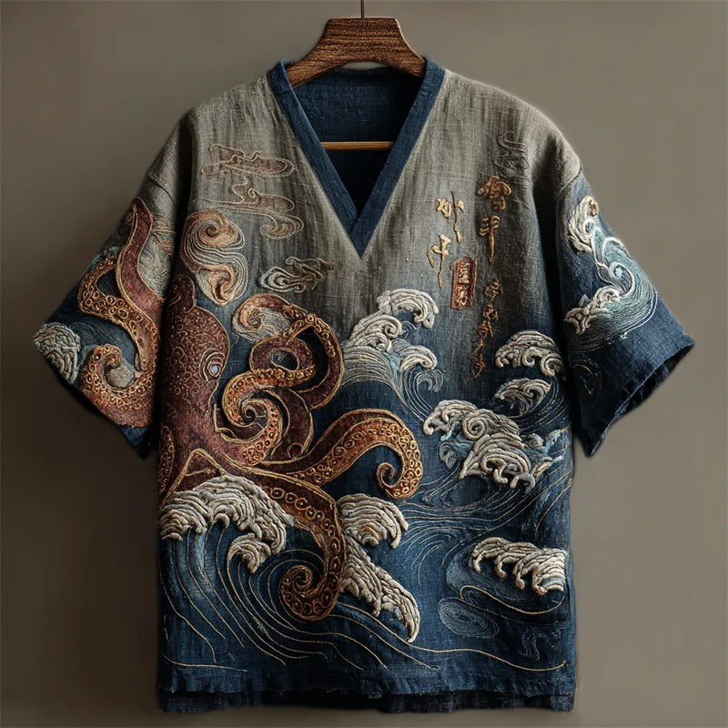 Japanese Octopus Embroidered Kimono Shirt – Ocean Wave V-Neck Streetwear Top