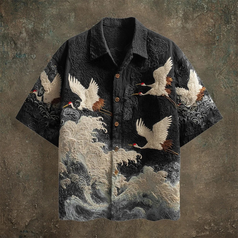 Japanese Crane Embroidered Shirt – Purple Night Sky Wave Button Up