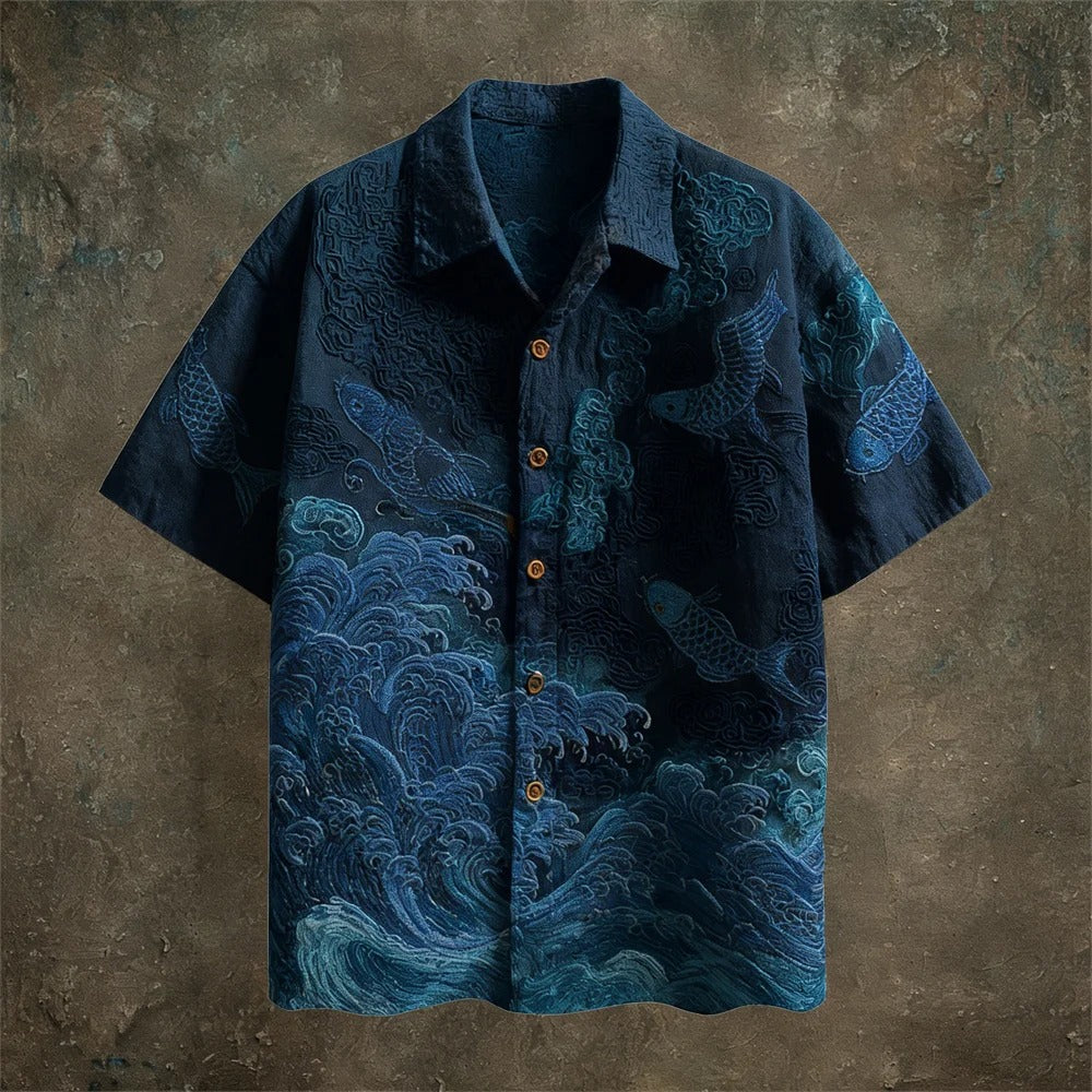 Japanese Koi Fish Embroidered Shirt – Ocean Wave Vintage Streetwear Button Up