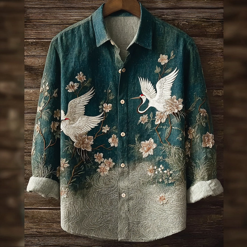 Japanese Crane Embroidered Shirt – Vintage Floral Wave Button Up Long Sleeve  Product Description
