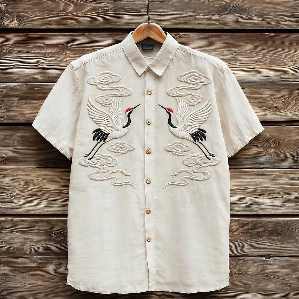 Japanese Crane Embroidered Shirt – Minimalist Cloud Button Up Short Sleeve