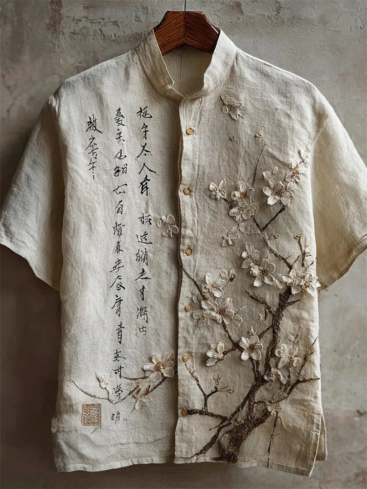 Japanese Calligraphy Embroidered Linen Shirt – Plum Blossom Mandarin Collar Top