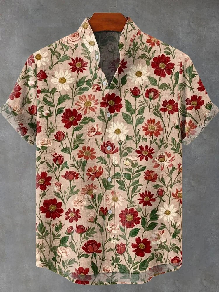 Vintage Floral Linen Shirt – Botanical Print Short Sleeve Button Up