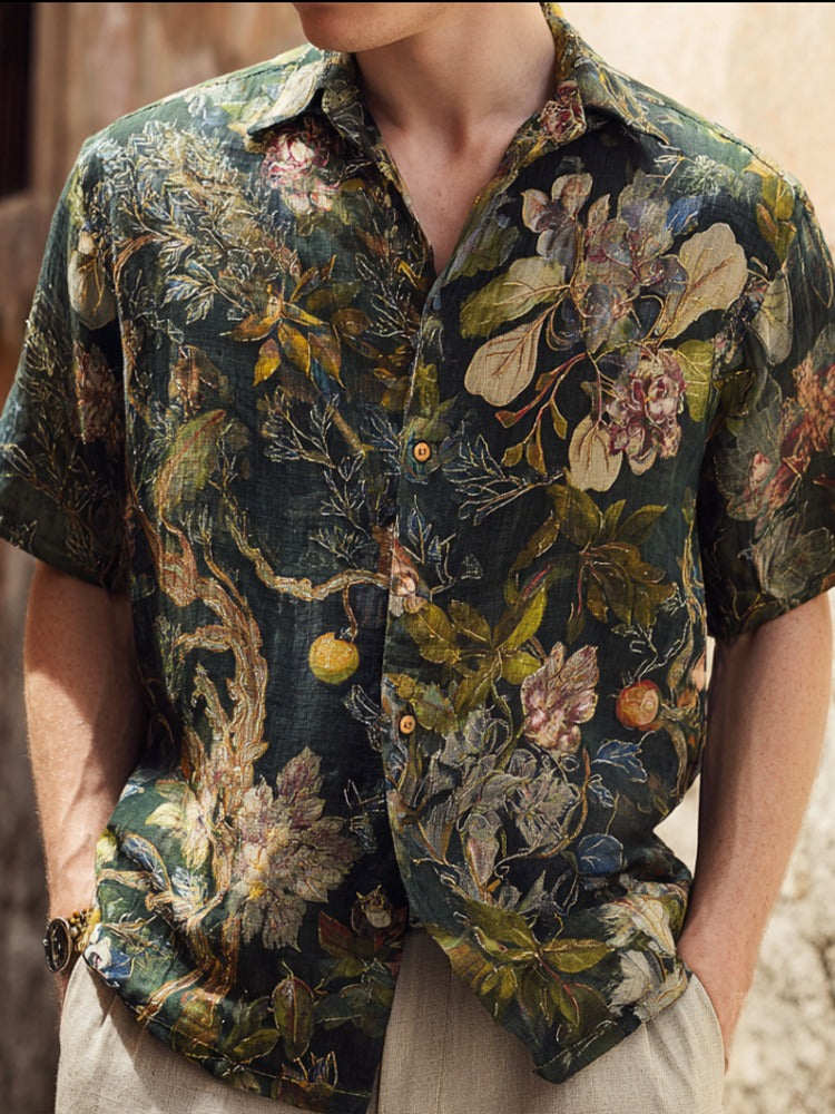 Vintage Botanical Linen Shirt – Artistic Floral Print Short Sleeve Button Up
