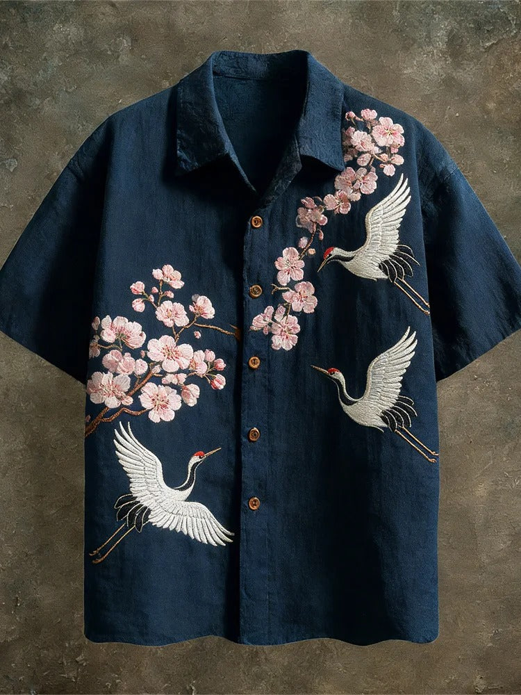 Japanese Crane & Cherry Blossom Embroidered Shirt – Navy Short Sleeve Button Up
