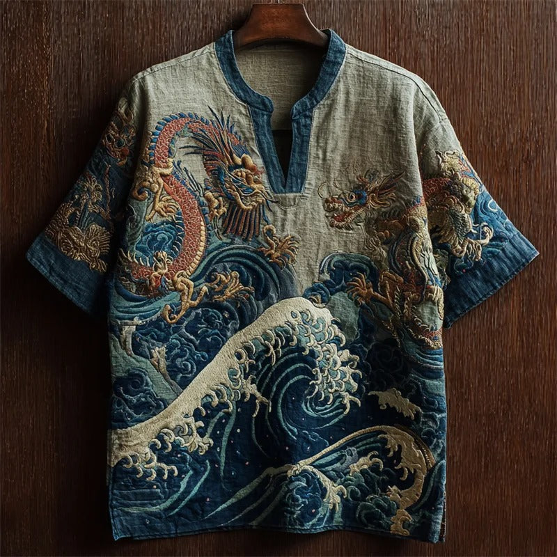 Japanese Dragon Embroidered Linen Shirt – Ocean Wave V-Neck Kimono Top